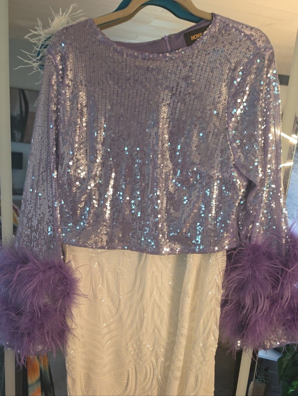 Fashion Nova Lavender Sequin Feather Cuff Two-Tone Jumpsuit